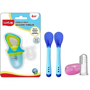 LuvLap Silicone Food/Fruit Nibbler Elegant Blue & Tiny Love Heat Sensitive Baby Feeding Spoons Set Blue & LuvLap Baby Silicone Finger Toothbrush with case for Easy Cleaning