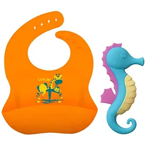 Luvlap Silicone Baby Bib for Feeding & Weaning Babies & Toddlers (Orange) & Sea Horse Baby Teether Multicolor