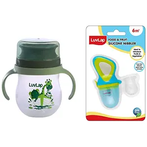 LuvLap Baby Bite Resistant Soft Spout 360Â° Sipper Cup 240 ml Green & LuvLap Silicone Food/Fruit Nibbler with Extra Mesh Soft Pacifier/Feeder Teether for Infant Baby Infant Elegant Blue BPA Free