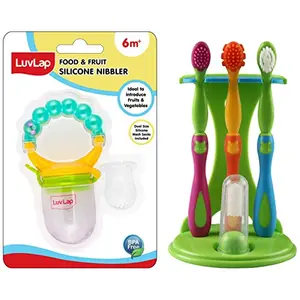 LuvLap 4 Stage Baby Oral Care Set & Kids' primary teeth & gums Infant Gum Massager 2 Toddler brushes One Training toothbrush & Pearly Food & Fruit Nibbler