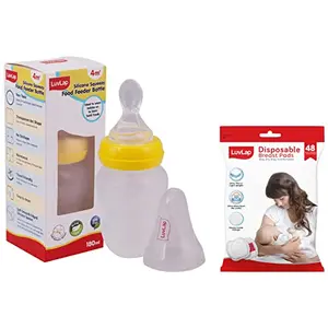 LuvLap Feeding Spoon with Squeezy Food Grade Silicone Feeder Bottle for Infant Baby 180ml BPA Free & Ultra Thin Honeycomb Nursing Breast Pads 48pcs Disposable High Absorbent Discreet Fit