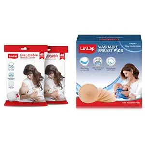 LuvLap Ultra Thin Honeycomb Nursing Breast Pads 96pcs Disposable High Absorbent Discreet Fit & LuvLap Washable Maternity Nursing Breast Pads 6 Pcs Reusable Leak-Proof