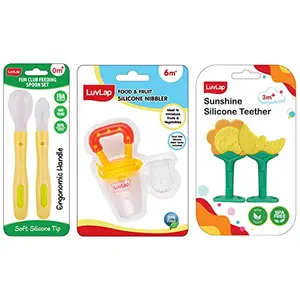 Luvlap Fun Club Baby Silicone Spoon Set FDA Approved 2 pcs Green & LuvLap Sunshine teether & LuvLap Silicone Food/Fruit Nibbler with Extra Mesh Soft Pacifier/Feeder Joystar Yellow