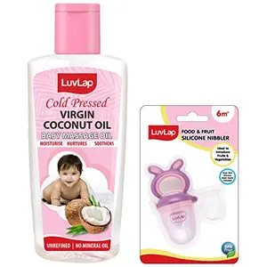 LuvLap Bunny Food & Fruit Nibbler & LuvLap Baby Hair & Skin Oil 100% Natural Cold Pressed Virgin Coconut Oil Baby Massage Oil Prevents Diaper Rash 100ml