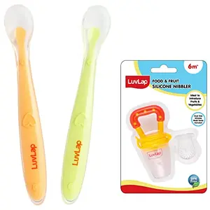 LuvLap Baby Feeding Spoon Set of 2 with Ultra Supple 100% Silicone Tip BPA Free with Food Grade Silicone tip for 4 Months+ (Green Pink) & Silicone Food/Fruit Nibbler with Extra Mesh Joystar Yellow