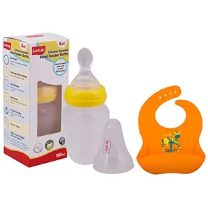 LuvLap Feeding Spoon with Squeezy Food Grade Silicone Feeder Bottle for Infant Baby 180ml & Silicone Baby Bib for Feeding & Weaning Babies & Toddlers (Orange)