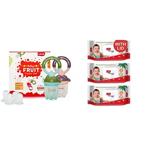 LuvLap Baby Food and Fruit Feeder Twin Pack with Three Feeder Sack Sizes Green & Pink & Paraben Free Wipes for Baby Skin with Aloe Vera 72 Wipes/Pack with Lid Pack 3 Packs