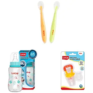 Luvlap Baby & Toddler Silicone Spoon & Training Cup Set & Silicone Food/Fruit Nibbler with Extra Mesh & Feeding Spoon with Squeezy Food Grade Silicone Feeder Bottle for Infant Baby 180ml BPA Free