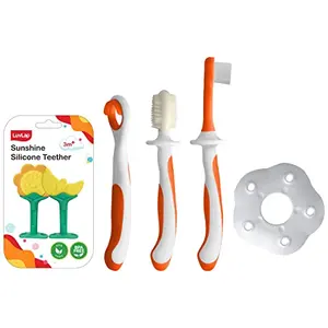 LuvLap Sunshine Silicone Teether Dual Design Pack (Yellow) 3m+ 6 to 12 Months Baby 2 pcs & Baby Training Toothbrush Set 3 pcs (White/Orange)