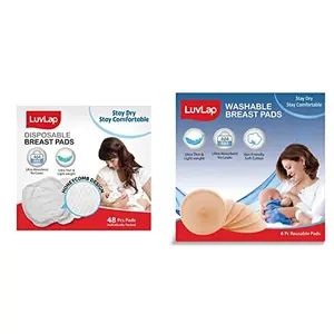 LuvLap Ultra Thin Disposable Breast Pads Super Absorbent Discreet Fit Pack of 48 (White) & LuvLap Washable Breast Pads Pack of 6