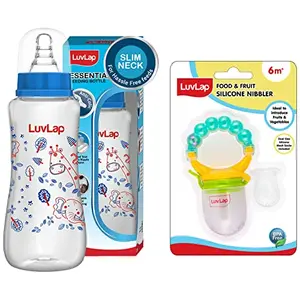 LuvLap Pearly Food & Fruit Nibbler & Luvlap Anti-Colic Slim Regular BPA-Free Neck Essential Baby Feeding Bottle 250ml Blue