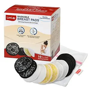 LuvLap Natural Bamboo Washable Nursing Breast Pads for Breast feeding mothers Beautiful Lace Style Contoured Shape for snug fit Nipple Pad Includes Laundry Bag Super absorption 10Pc
