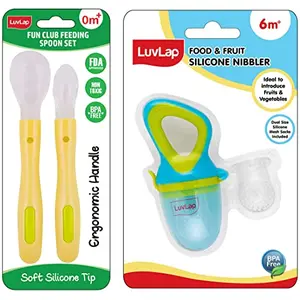 Luvlap Fun Club Baby Silicone Spoon Set 2 pcs Green & Silicone Food/Fruit Nibbler with Extra Mesh Soft Pacifier/Feeder Teether for Infant Baby Infant Elegant Blue BPA Free