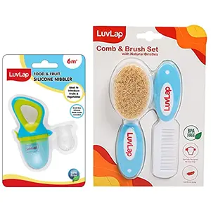 LuvLap Baby Comb with Rounded Tip & Baby Hair Brush (White & Blue) & Silicone Food/Fruit Nibbler with Extra Mesh Elegant Blue