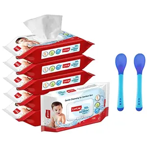 LuvLap Paraben Free 99% Pure Water Nourishing Baby Wipes with Fliptop Lid (72 Wipes/Pack Pack of 6) & Tiny Love Heat Sensitive Baby Feeding Spoons Set 2 pcs Blue
