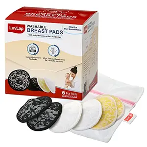 Luv Lap Natural Bamboo Washable Nursing Breast Pads for Breast feeding mothers Beautiful Lace Style Contoured Shape for snug fit Nipple Pad Includes Laundry Bag Super absorption 6Pc