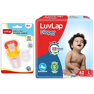 LuvLap Baby Diaper Pants L Size (Large) Pack of 62 Count & LuvLap Silicone Food/Fruit Nibbler