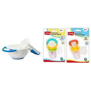 LuvLap Baby Food Grinding Cum Feeding Bowl (White & Blue) & LuvLap Pearly Food & Fruit Nibbler & LuvLap Silicone Food/Fruit Nibbler with Extra Mesh Soft Pacifier/Feeder Joystar Yellow