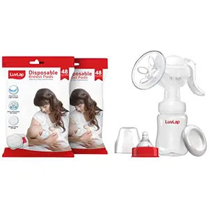 LuvLap Manual Breast Pump 3 Level Suction Adjustment 2pcs Breast pads free Soft & Gentle BPA Free & LuvLap Ultra Thin Honeycomb Nursing Breast Pads 96pcs Disposable High Absorbent Discreet Fit