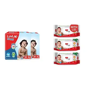 LuvLap Baby Diaper Pants XL Size (Extra Large) Pack of 108 Count (54x3) For babies of 12 to 17Kg Jumbo pack & Paraben Free wipes for baby skin 72 Wipes/Pack With Lid Pack 3 packs