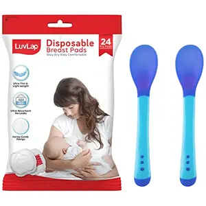 LuvLap Ultra Thin Honeycomb Nursing Breast Pads 24pcs & Tiny Love Heat Sensitive Baby Feeding Spoons Set 2 pcs Blue