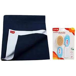 LuvLap Instadry Anti-Piling Fleece Small Size 100x140cm Pack of 1 Navy Blue & Baby Comb with Rounded Tip & Baby Hair Brush (White & Blue)