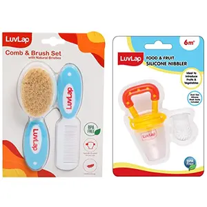 LuvLap Baby Comb with Rounded Tip & Baby Hair Brush (White & Blue) & Silicone Food/Fruit Nibbler with Extra Mesh Joystar Yellow