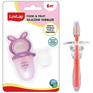 LuvLap Bunny Food & Fruit Nibbler & Luvlap Silicone Training Toothbrush with Soft bristles Anti Choking Shield Baby Oral Hygiene Orange
