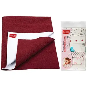 LuvLap Muslin Cotton Cloth Premium Baby Washcloth Dots Hearts Print Pack of 6 Pcs Multicolour & Instadry Anti-Piling Fleece Extra Absorbent Quick Dry Sheet for Baby Pack of 1 Maroon