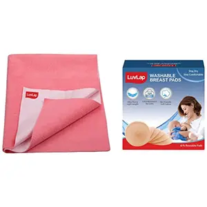 LuvLap Instadry Anti-Piling Fleece Extra Absorbent Quick Dry Sheet for Baby Small Size 100x140cm Pack of 1 Salmon Rose & Washable Maternity Nursing Breast Pads 6 Pcs Reusable Leak-Proof