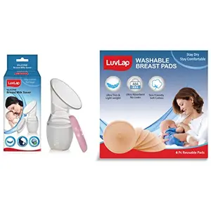 Luvlap Silicone Food Grade Breast Milk Catcher/Saver(White 100ml) & LuvLap Washable Maternity Nursing Breast Pads 6 Pcs Reusable Leak-proof