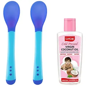 LuvLap Tiny Love Heat Sensitive Baby Feeding Spoons Set 2 pcs Blue & 99% Pure Water Baby Wipes & Nourishing Cleansing 72 Wipes