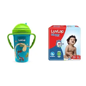 LuvLap Tiny Giffy Sipper for Infant/Toddler 300ml Anti-Spill Sippy Cup with Soft Silicone Straw 18m+ (Green) Baby Diaper Pants XL Size (12-17kg) 54 Count for Babies of 12 to 17Kg