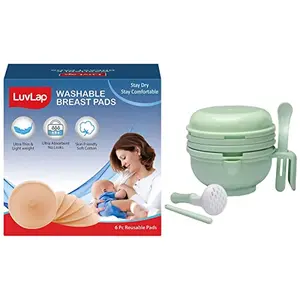 LuvLap 9 in 1 Baby Food Masher Mill (Light Green) & LuvLap Washable Maternity Nursing Breast Pads 6 Pcs Reusable Leak-Proof