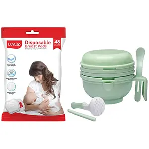 LuvLap 9 in 1 Baby Food Masher Mill (Light Green) & LuvLap Ultra Thin Honeycomb Nursing Breast Pads 48pcs Disposable High Absorbent Discreet Fit