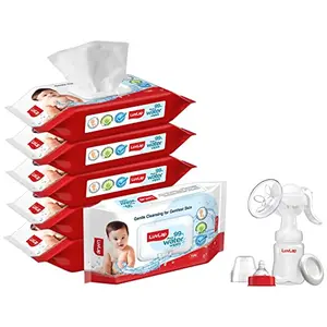 LuvLap Manual Breast Pump 3 Level Suction Adjustment & LuvLap Paraben Free 99% Pure Water Nourishing Baby Wipes with Fliptop Lid (72 Wipes/Pack Pack of 6)