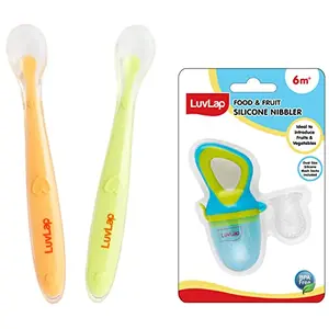 LuvLap Baby Feeding Spoon Set of 2 with Ultra Supple 100% Silicone Tip (Green & Pink) & LuvLap Silicone Food/Fruit Nibbler with Extra Mesh Soft Pacifier/Feeder Teether for Infant Baby