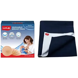LuvLap Instadry Anti-Piling Fleece Extra Absorbent Quick Dry Sheet for Baby Small Size 100x140cm Pack of 1 Navy Blue & Washable Maternity Nursing Breast Pads 6 Pcs Reusable Leak-Proof