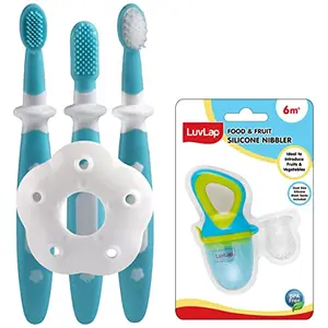 LuvLap Baby 3 Stage Training Toothbrush Set with Anti Choking Shield Baby Oral Hygiene (Blue) & LuvLap Silicone Food/Fruit Nibbler with Extra Mesh Elegant Blue