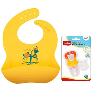 Luvlap Silicone Baby Bib for Feeding & Weaning Babies & Toddlers (Yellow) & Silicone Food/Fruit Nibbler with Extra Mesh Joystar Yellow