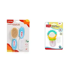 LuvLap Baby Comb with Rounded Tip & Baby Hair Brush with Natural Bristles for Baby Hair Grooming & Better Protection of Baby's Scalp (White & Blue) & LuvLap Pearly Food & Fruit Nibbler