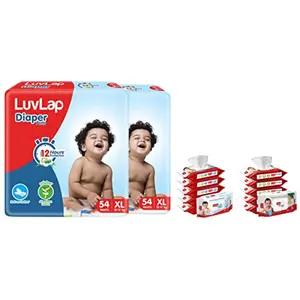 LuvLap Baby Diaper Pants XL Size (Extra Large) Pack of 108 Count (54x3) & Free Baby Wipes with Aloe Vera (72 Wipes/Pack Pack of 6) & Pure Water Nourishing Baby Wipes (72 Wipes/Pack Pack of 6)