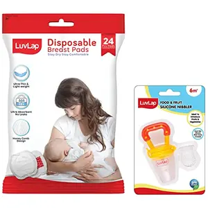 LuvLap Silicone Food/Fruit Nibbler with Extra Mesh Joystar Yellow & LuvLap Ultra Thin Honeycomb Nursing Breast Pads 24pcs Disposable High Absorbent Discreet Fit