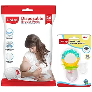 LuvLap Pearly Food & Fruit Nibbler & LuvLap Ultra Thin Honeycomb Nursing Breast Pads 24pcs Disposable High Absorbent Discreet Fit