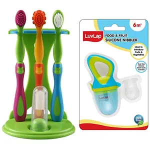 LuvLap 4 Stage Baby Oral Care Set & Kids' primary teeth & gums Infant Gum Massager 2 Toddler brushes Elegant Blue