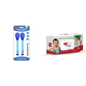 LuvLap Tiny Love Heat Sensitive Baby Feeding Spoons Set Food Grade PP Kids & Baby Spoon with Soft Silicone Tip 2 pcs Blue & Paraben Free Wipes for Baby Skin 72 Wipes with Lid Pack