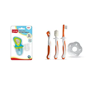 LuvLap Silicone Food/Fruit Nibbler & LuvLap Baby Training Toothbrush Set Teeth Tongue Cleaner Baby Oral Hygiene 3 pcs (White/Orange)