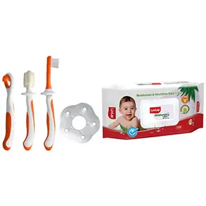 LuvLap Baby Training Toothbrush Set 3 pcs (White/Orange) & LuvLap Paraben Free Wipes for Baby Skin with Aloe Vera 72 Wipes with Lid Pack
