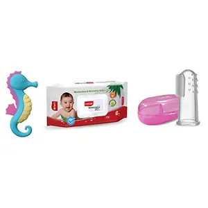 LuvLap Sea Horse Baby Teether Multicolor & LuvLap Paraben Free Wipes 72 Wipes with Lid Pack & LuvLap Baby Silicone Finger Toothbrush with case Oral Hygiene
