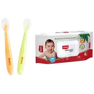 LuvLap Baby Feeding Spoon Set of 2 for Kids 4 Months+ (Green & Pink) & LuvLap Paraben Free Wipes for Baby Skin with Aloe Vera 72 Wipes with Lid Pack
